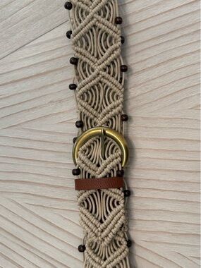 Haute Hippie Beige Macramé Belt with Brass Buckle and Brown Bead Accents